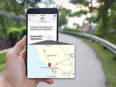 Customer in need of ERS Emergency Roadside Assistance is helped by conversational artificial intelligence that is able to pinpoint customer location with GPS